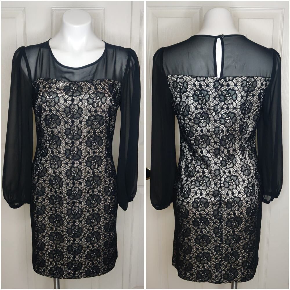 Sweet Storm floral lace eyelet sheath long sleeve dress sz L